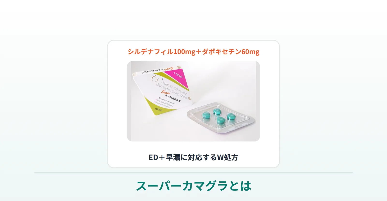 スーパーカマグラ（シルデナフィル100mg＋ダポキセチン60mg配合）の箱と錠剤の商品写真