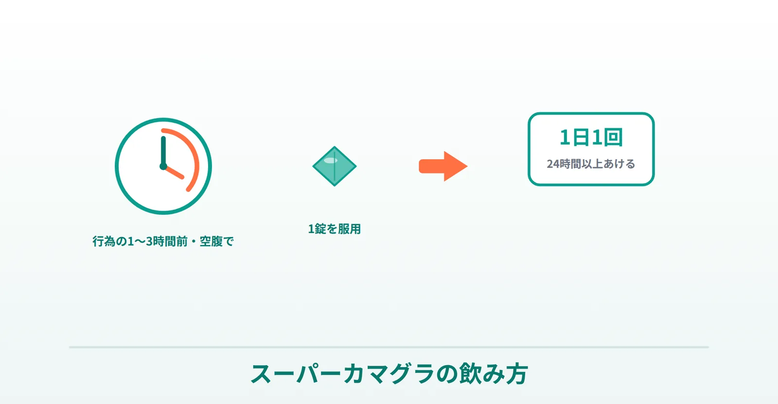 スーパーカマグラの正しい飲み方（行為の1〜3時間前・空腹・1錠・1日1回・24時間あける）を表したイラスト